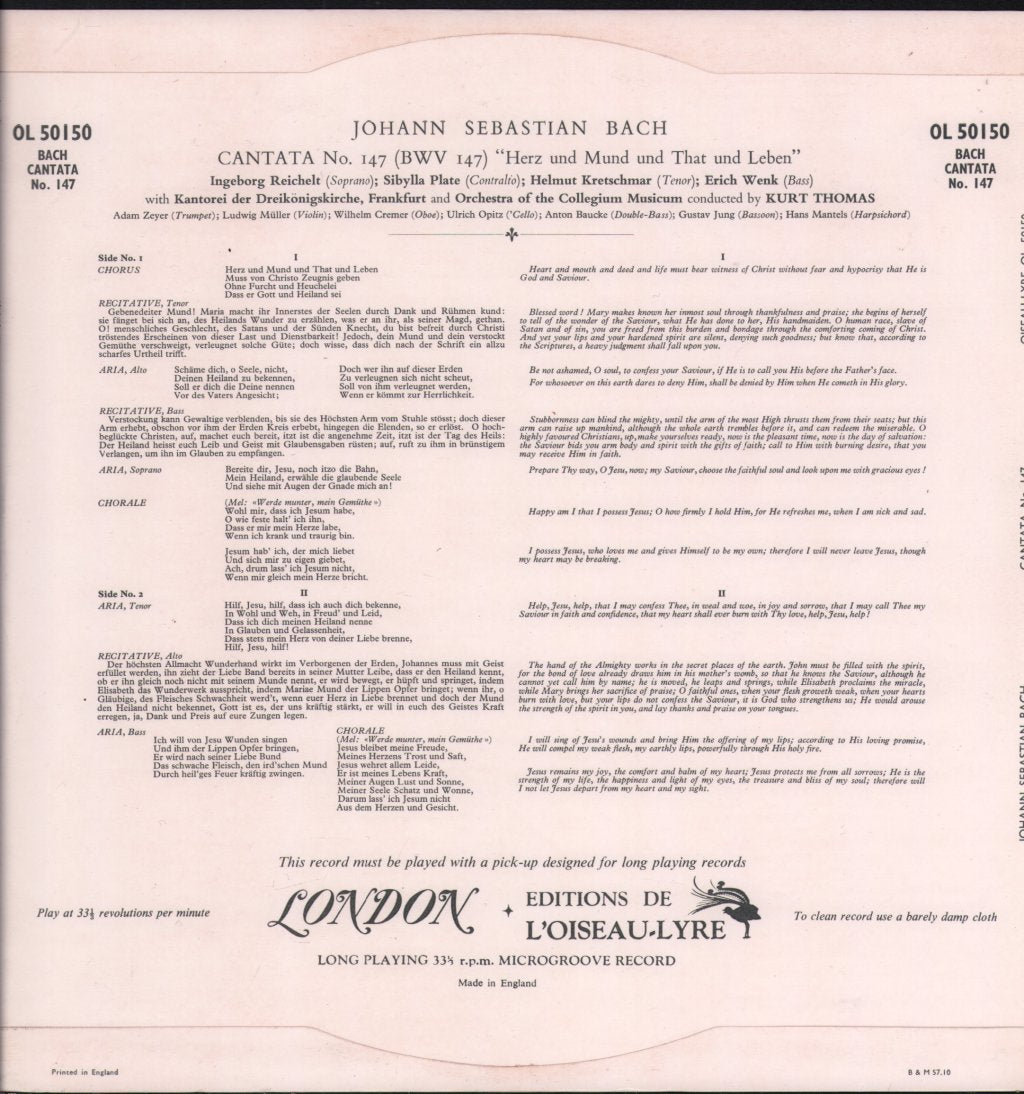 Kurt Thomas / Orchestra Of The Collegium Musicum - Johann Sebastian Bach - Cantata No.147 - Lp