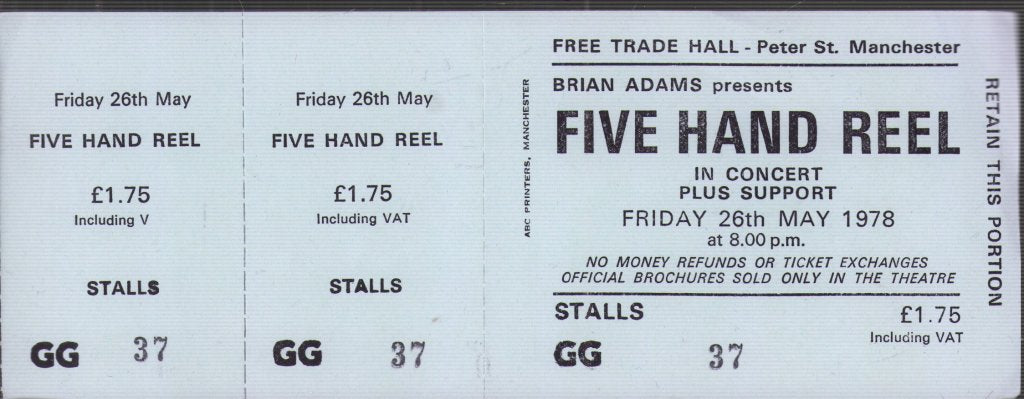 Five Hand Reel - Free Trade Hall Manchester 26Th May 1978 - Ticket