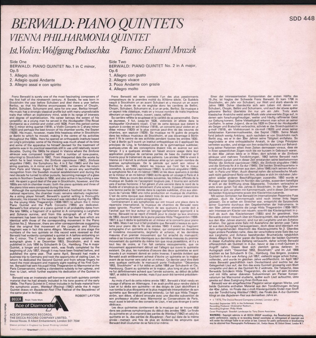 Vienna Philharmonia Quintet - Berwald - Piano Quintet No. 1 In C Minor / Piano Quintet No. 2 In A Major - Lp