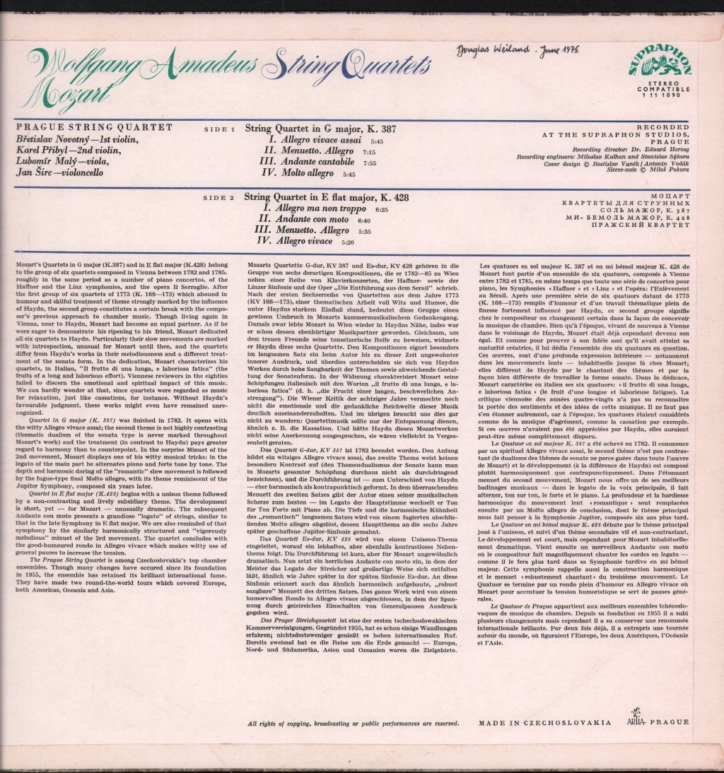 Prague String Quartet - Mozart - String Quartets - Lp
