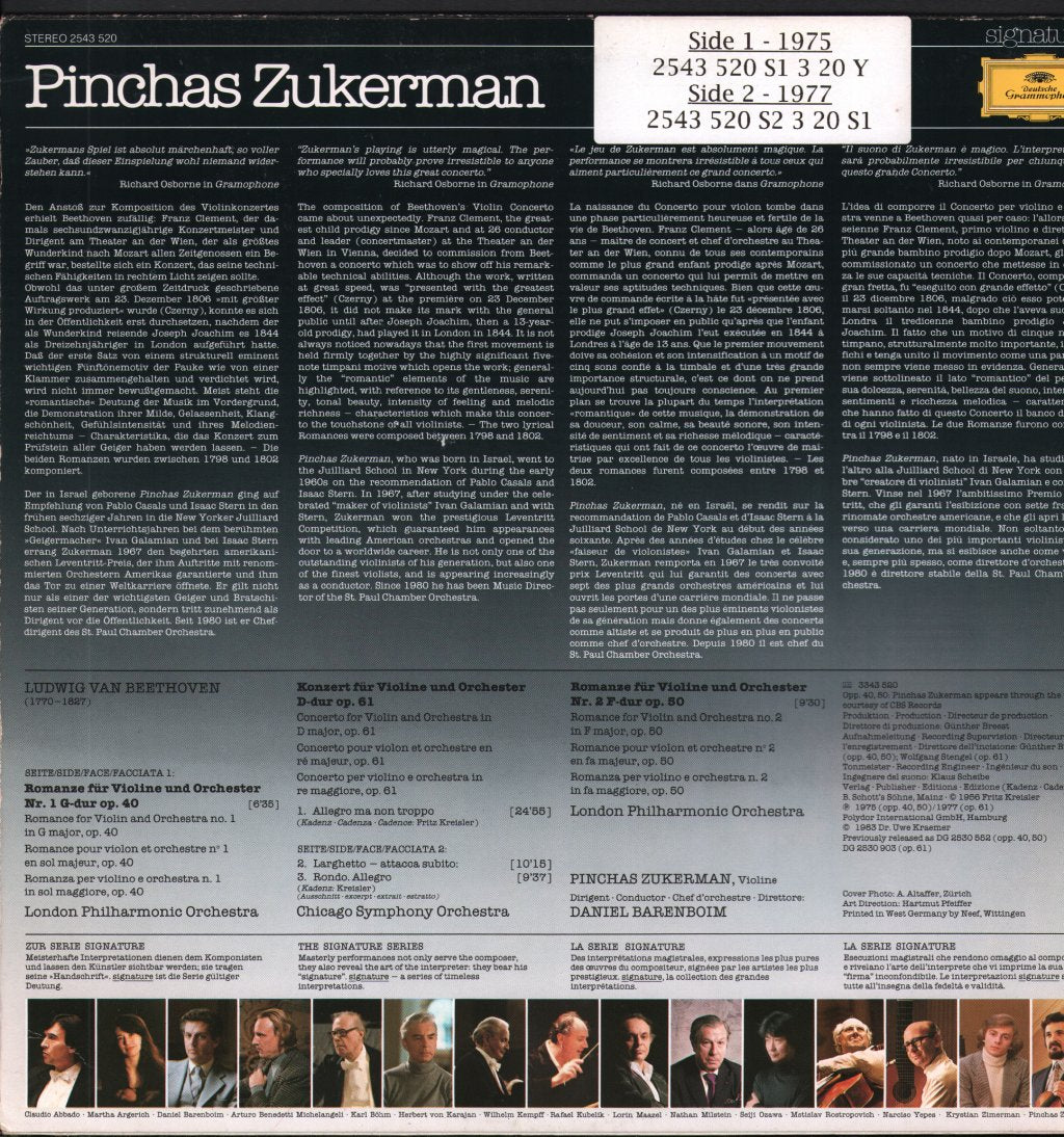 Pinchas Zukerman / Daniel Barenboim - Violin Concerto / Violin Romances - Lp