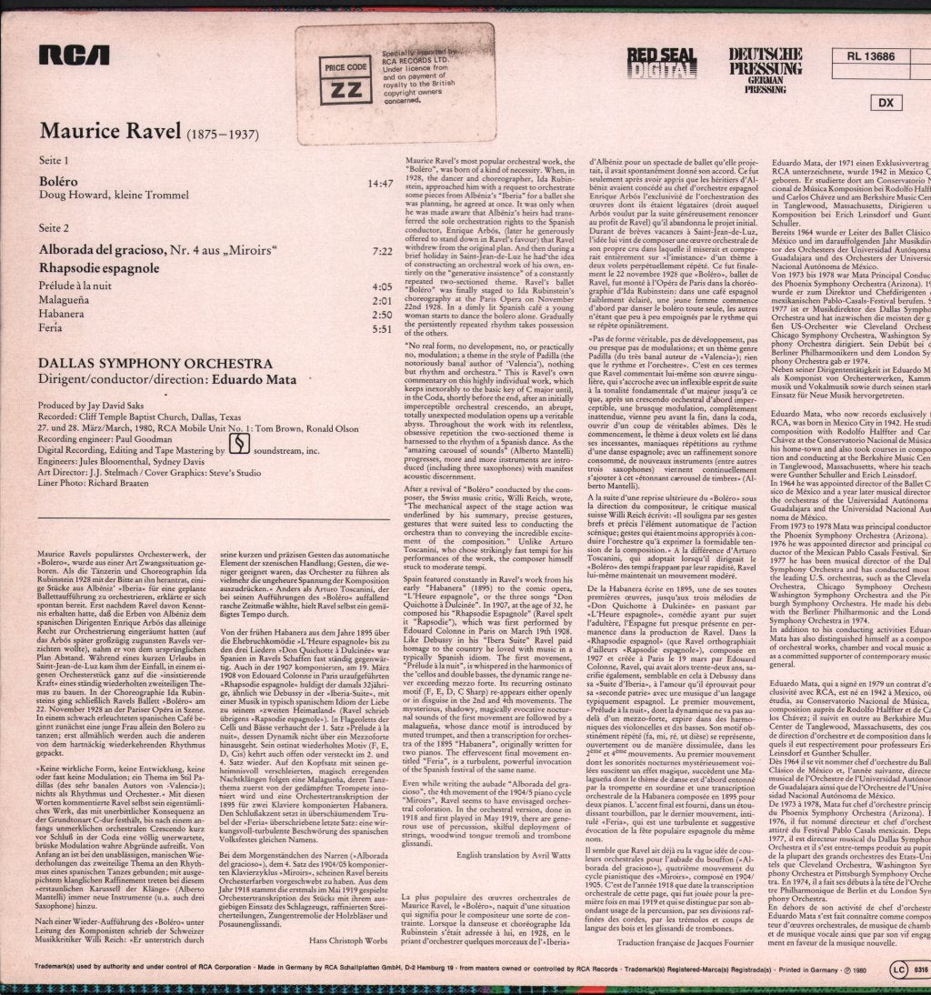 Eduardo Mata / Dallas Symphony Orchestra - Ravel - Bolero / Alborada Del Gracioso / Rhapsodie Espagnole - Lp