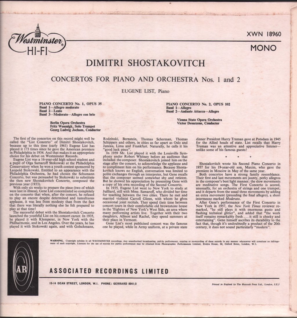 Eugene List - Shostakovitch - Piano Concerto No. 1 Opus 35 & No. 2 Opus 102 - Lp