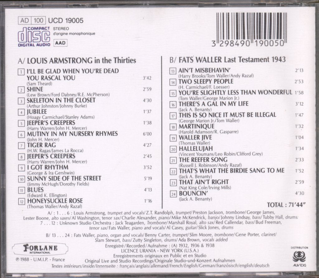 Louis Armstrong, Fats Waller - Louis Armstrong In The Thirties / Fats Waller Last Testament 1943 - Cd