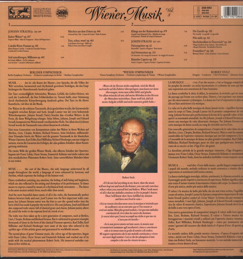 Robert Stolz / Berliner Symphoniker / Wiener Symphoniker - Wiener Musik Vol. 8 (Music Of Vienna) - Lp