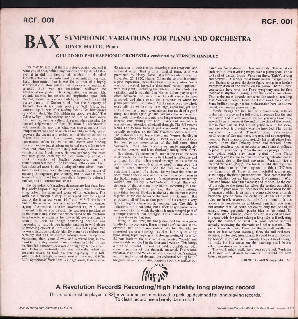 Joyce Hatto / Vernon Handley / Guildford Philharmonic Orchestra - Bax - Symphonic Variations - Lp