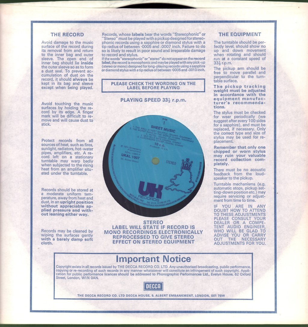 10cc - Sheet Music - Lp