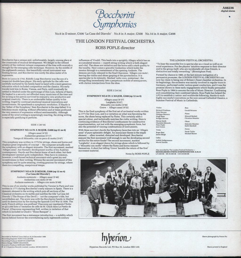 London Festival Orchestra / Ross Pople - Boccherini - Symphonies (6 In D Minor ▪ 8 In A ▪ 14 In A) - Lp