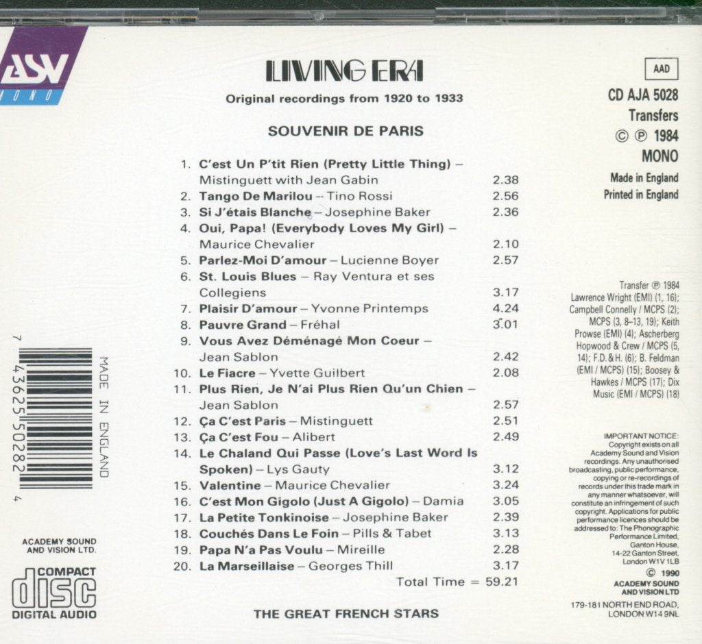 Various Artists - Souvenir De Paris (The Great French Stars) - Cd