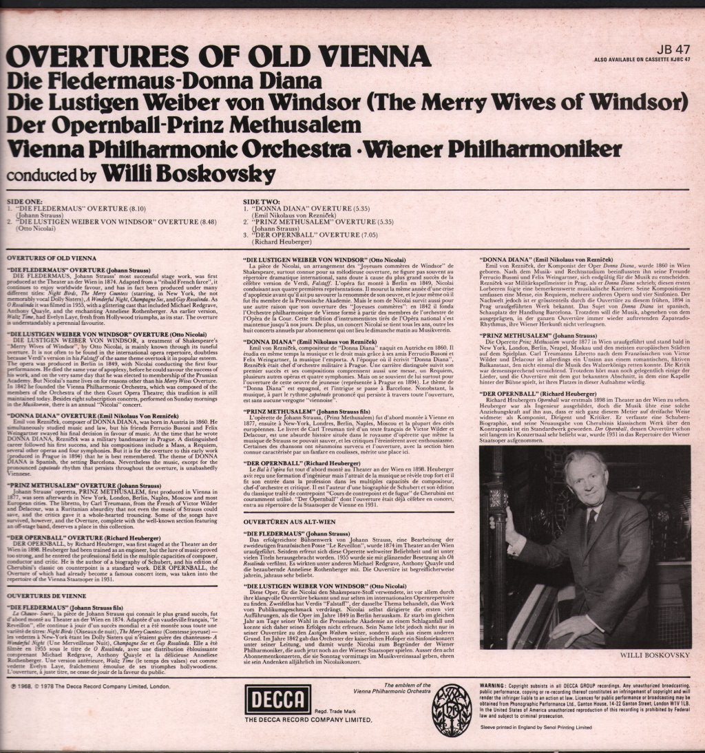 Willi Boskovsky / Vienna Philharmonic Orchestra - Overtures Of Old Vienna - Lp