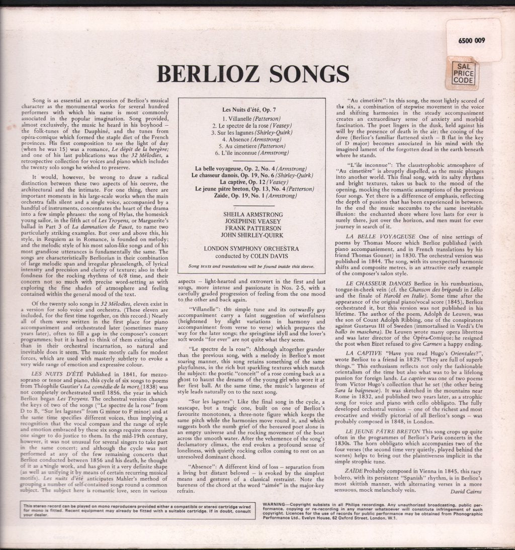 Sheila Armstrong / Josephine Veasey / Frank Patterson / John Shirley-Quirk / Colin Davis - Berlioz - Complete Songs With Orchestra Including "Les Nuits D’Été” - Lp