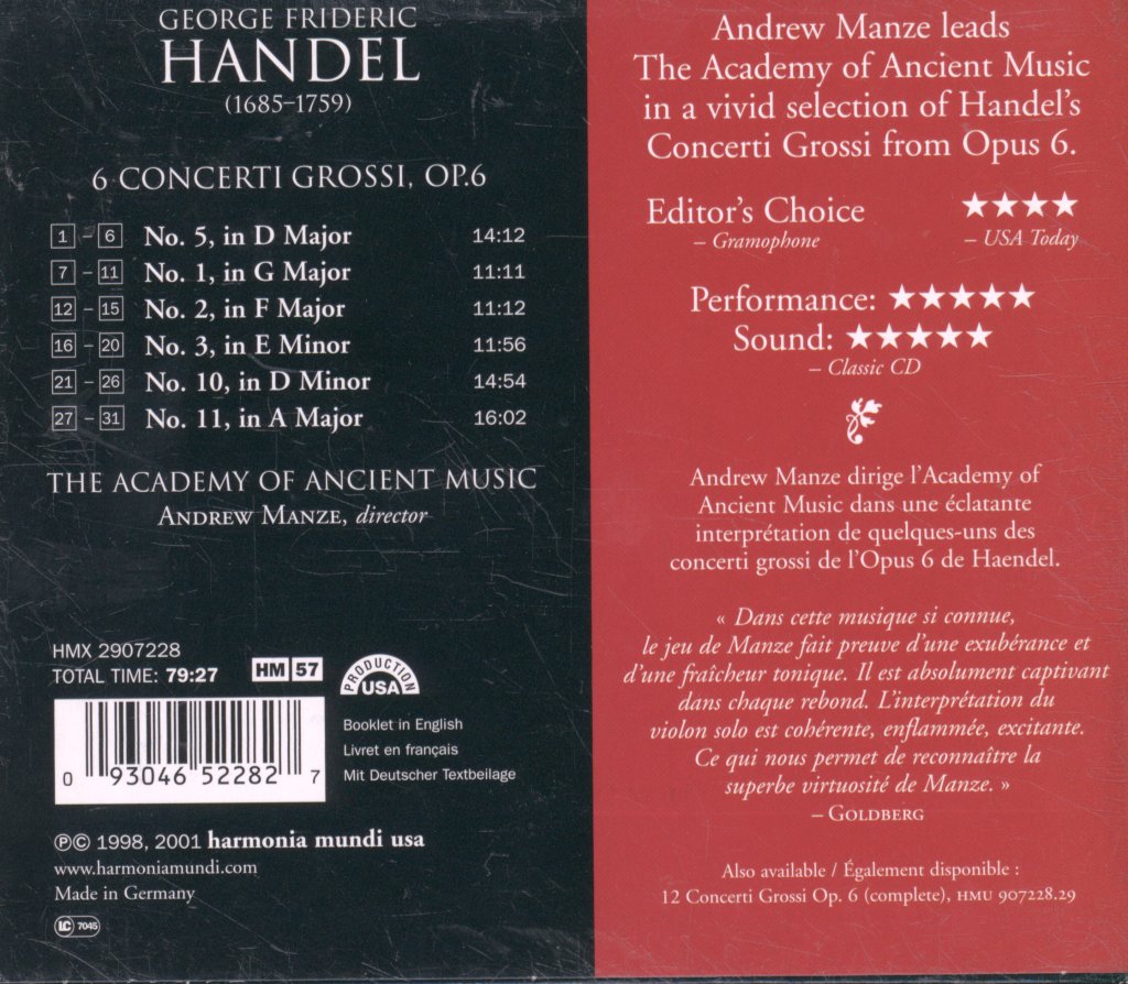Academy Of Ancient Music, Andrew Manze - Handel - Concerti Grossi, Op. 6 Nos. 1, 2, 3, 5, 10, 11 - Cd