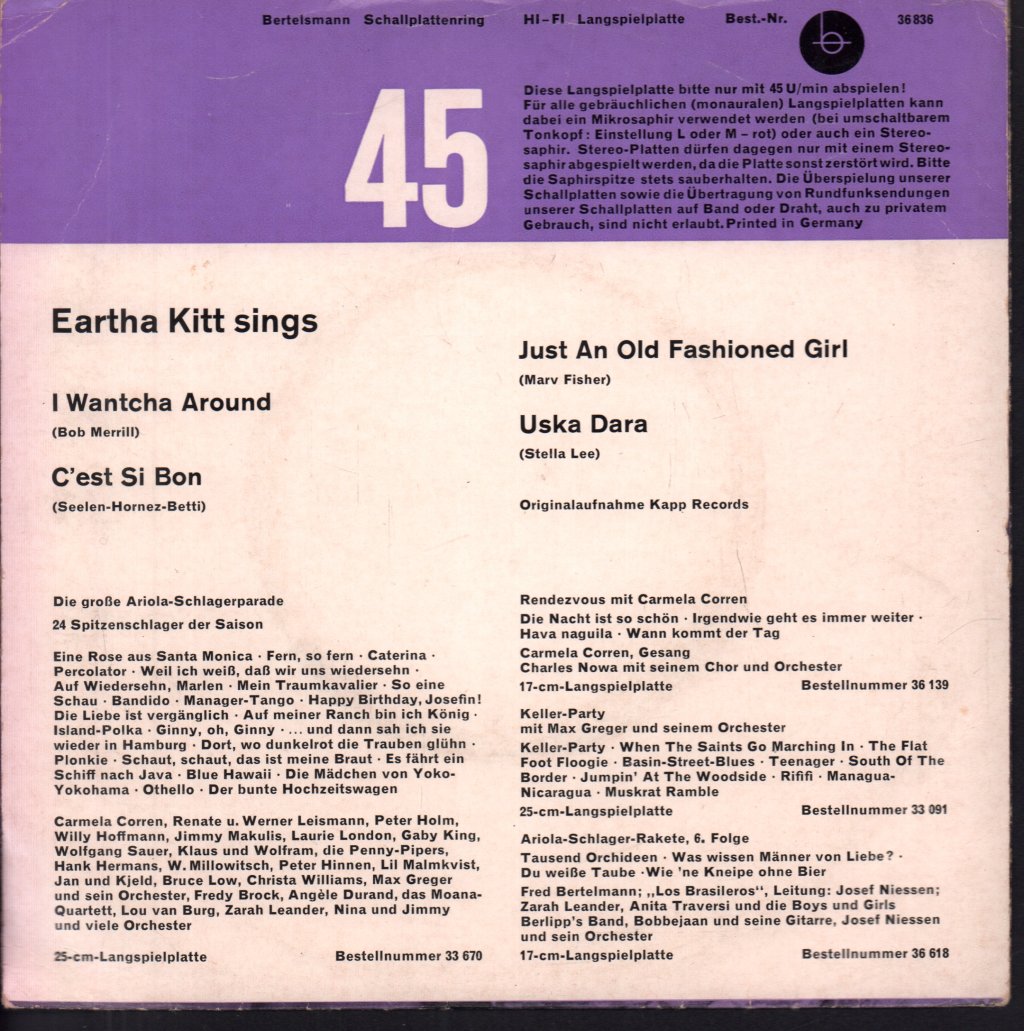 Eartha Kitt - Eartha Kitt Sings - 7 Inch