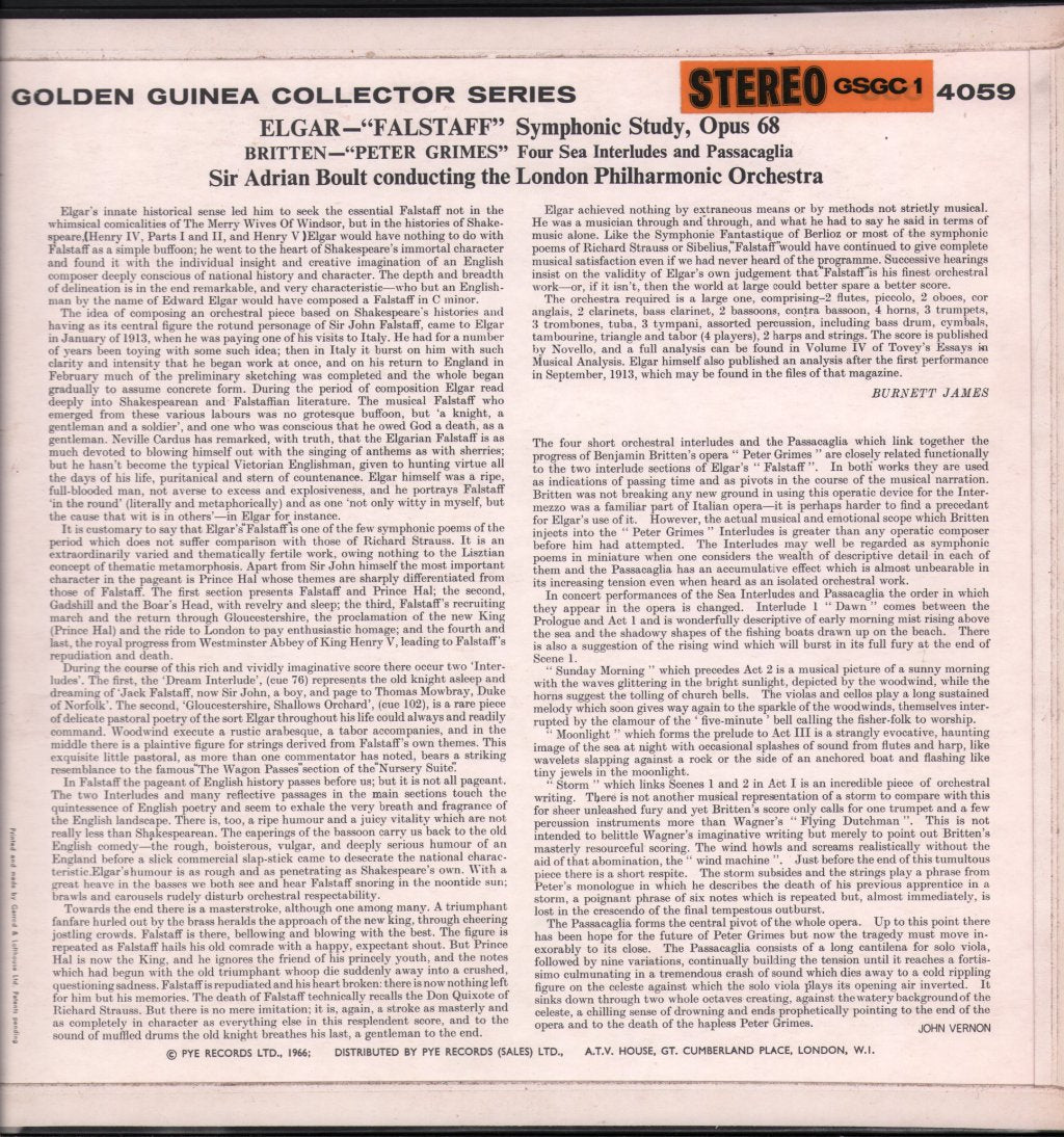 Sir Adrian Boult / London Philharmonic Orchestra - Elgar - 'Falstaff', Symphonic Study, Opus 68 / Britten - 'Peter Grimes' - Lp