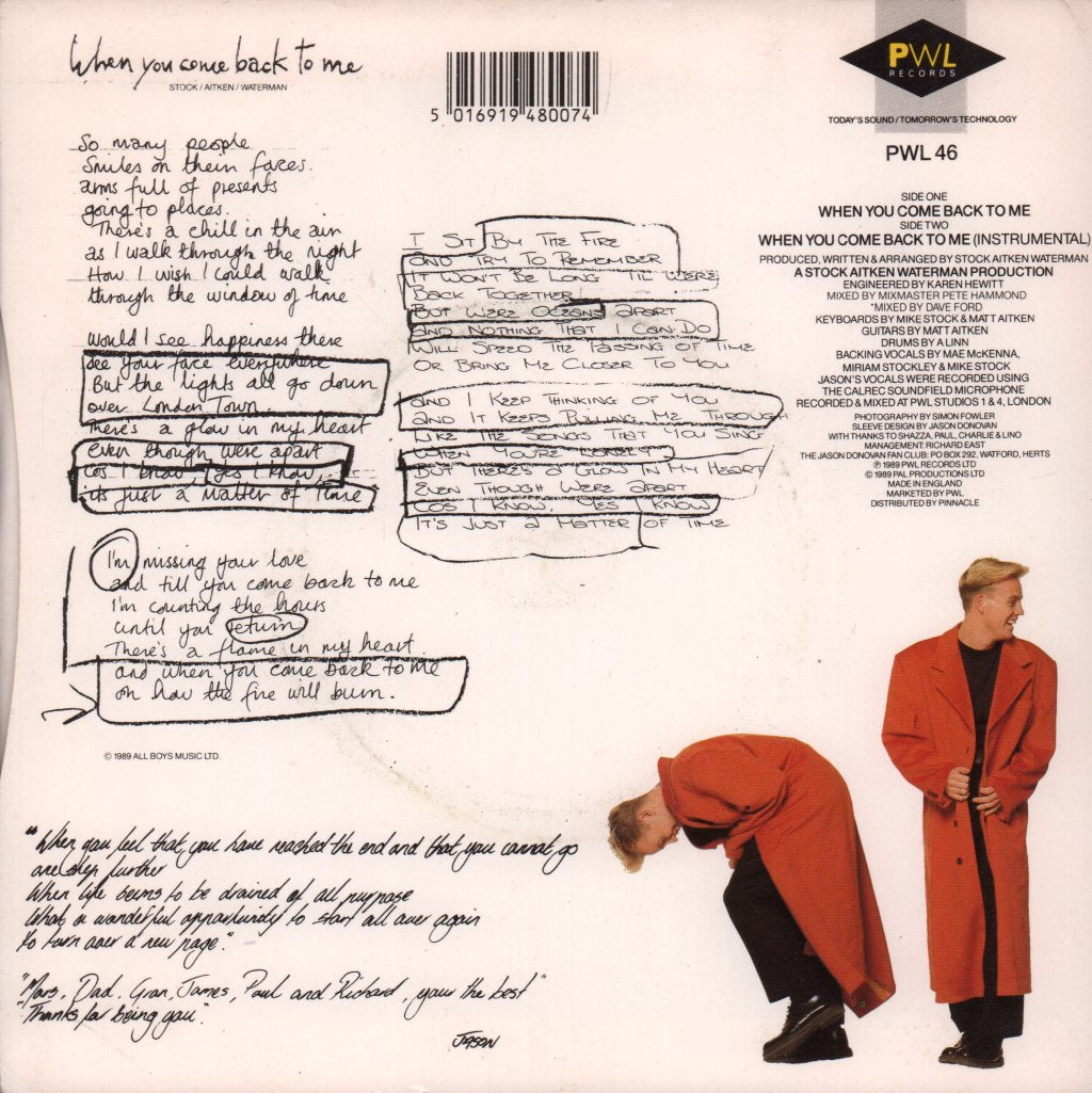 Jason Donovan - When You Come Back To Me - 7 Inch