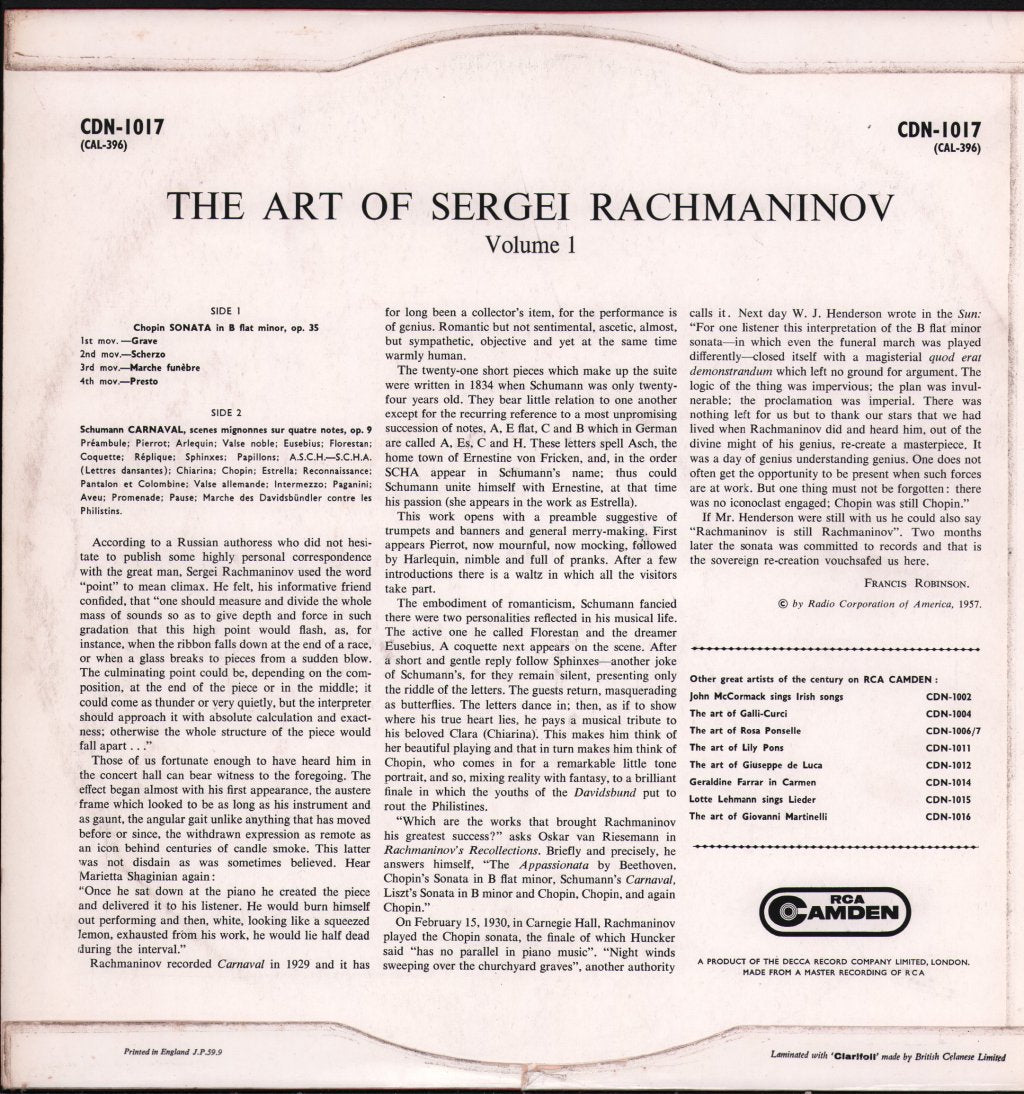 Sergei Rachmaninov - Art Of Vol 1 - Lp