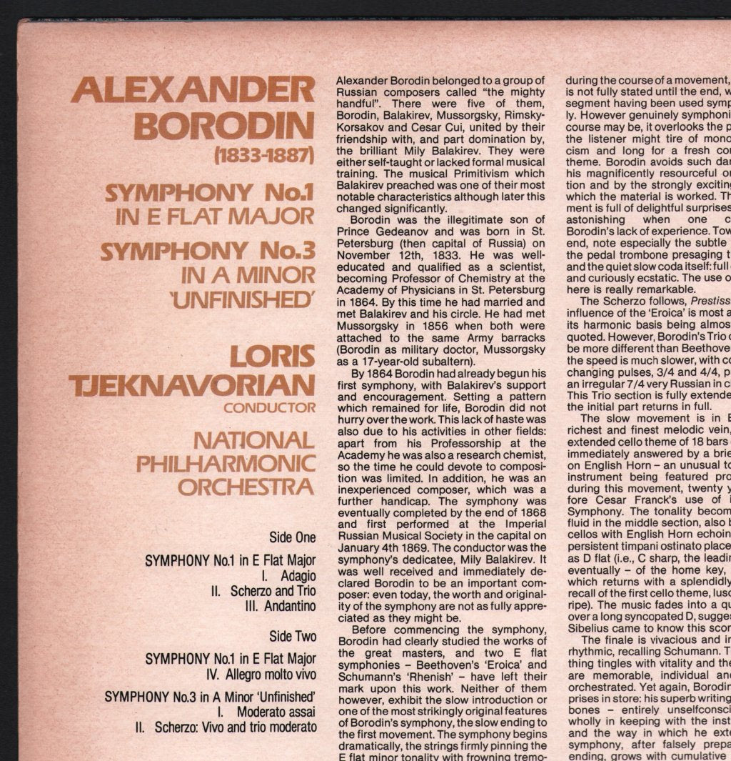 Loris Tjeknavorian / National Philharmonic Orchestra - Borodin - Symphony No. 1 in E Flat Major / Symphony No. 3 In A Minor "Unfinished" - Lp