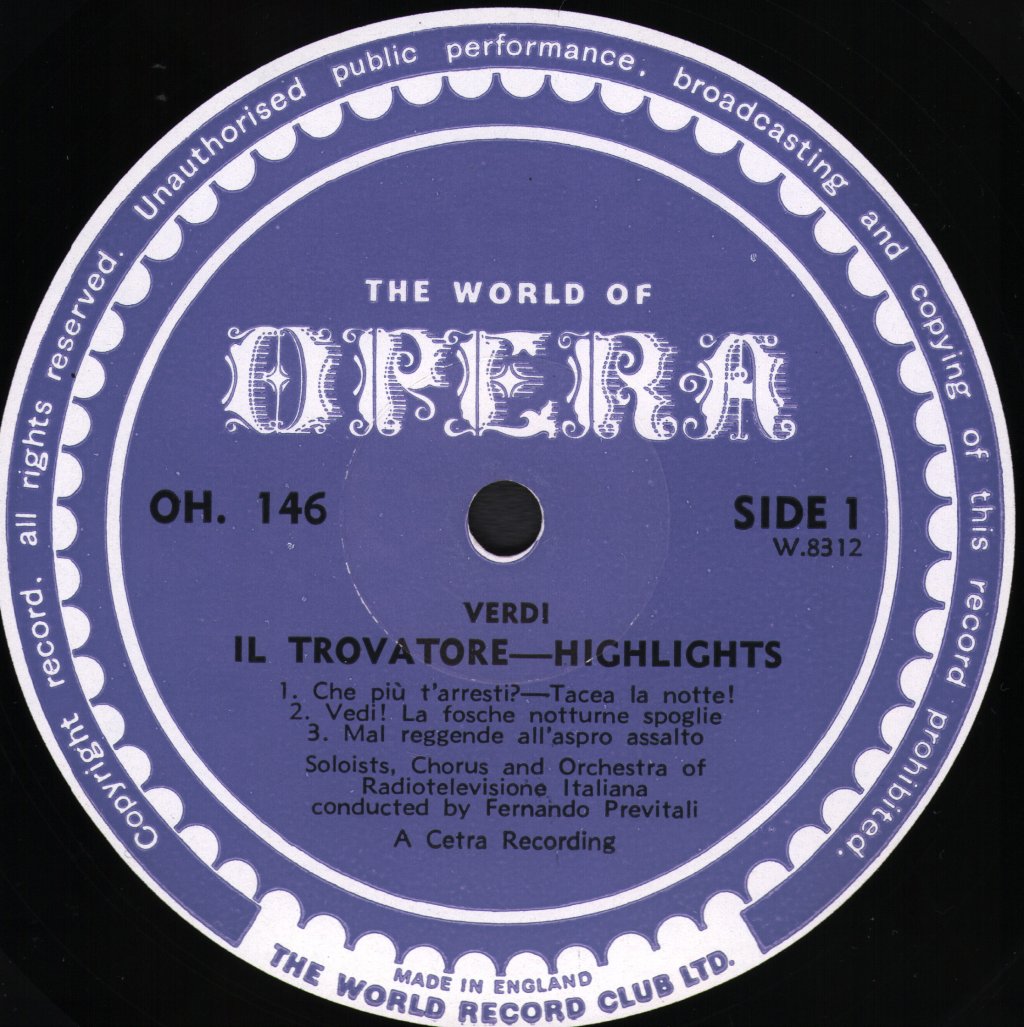 Orchestra and Chorus of Radiotelevisione Italiana / Fernando Previtali - Verdi - Il Trovatore Highlights - Lp