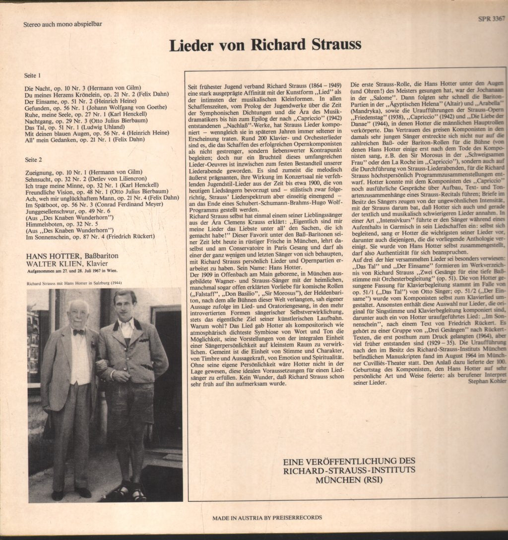 Hans Hotter / Walter Klien - Lieder Von Richard Strauss - Lp