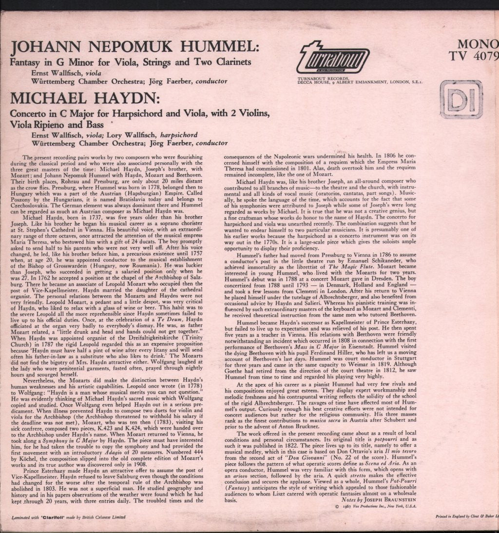 Ernst Wallfisch / Lory Wallfisch / Wurttemberg Chamber Orchestra / Jorg Faerber - Michael Haydn - Concerto for Viola and Harpsichord / Hummel - Fantasy for Viola - Lp