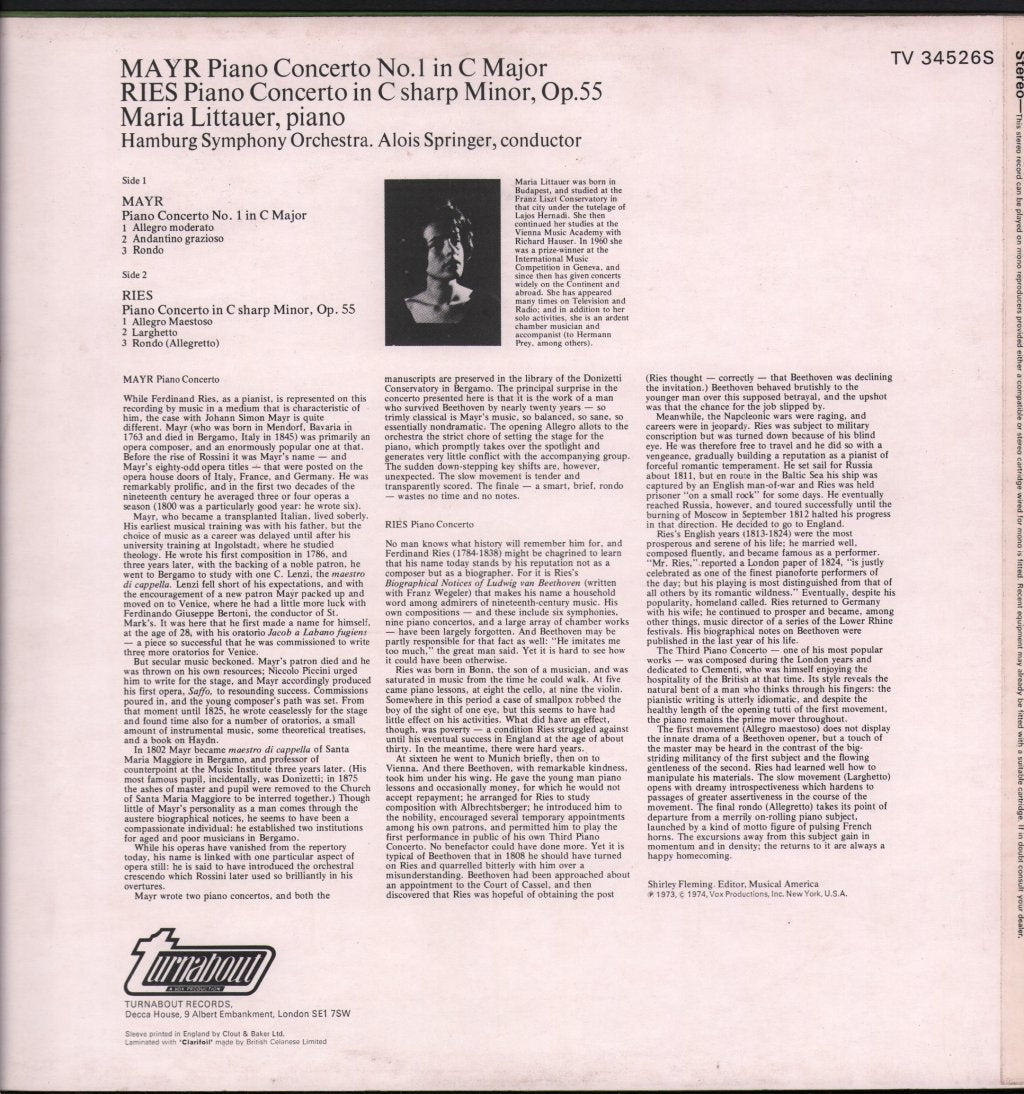 Maria Littauer / Hamburg Symphony / Alois Springer - J.S. Mayr - Piano Concerto No. 1 In C Major / F. Ries - Piano Concerto In C Sharp Minor - Lp