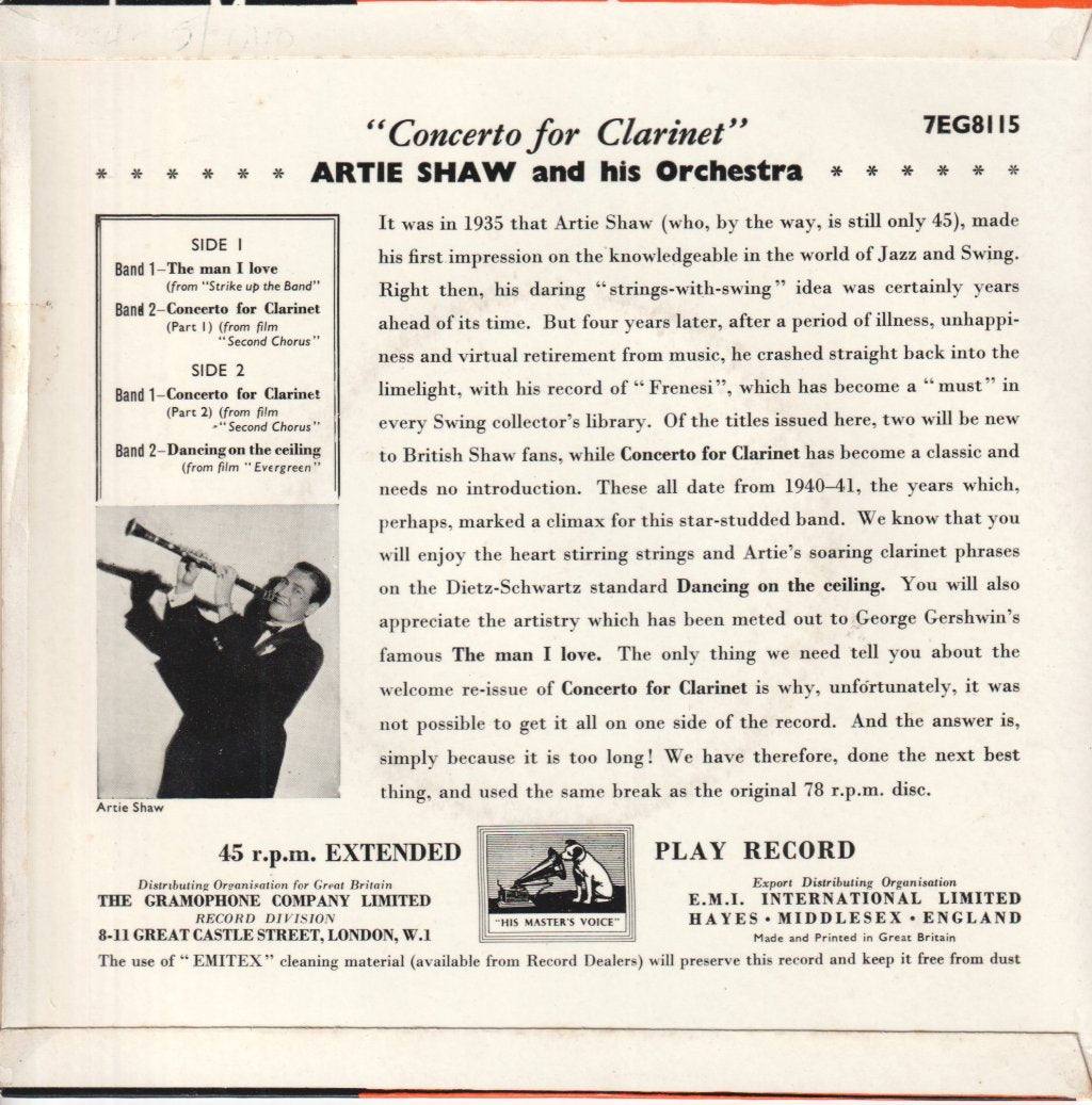 Artie Shaw And His Orchestra - Concerto For Clarinet - 7 Inch
