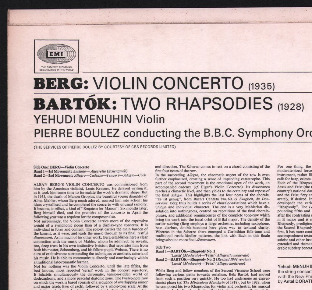 Yehudi Menuhin / Pierre Boulez / BBC Symphony Orchestra - Berg - Violin Concerto / Bartók - Two Rhapsodies - Lp