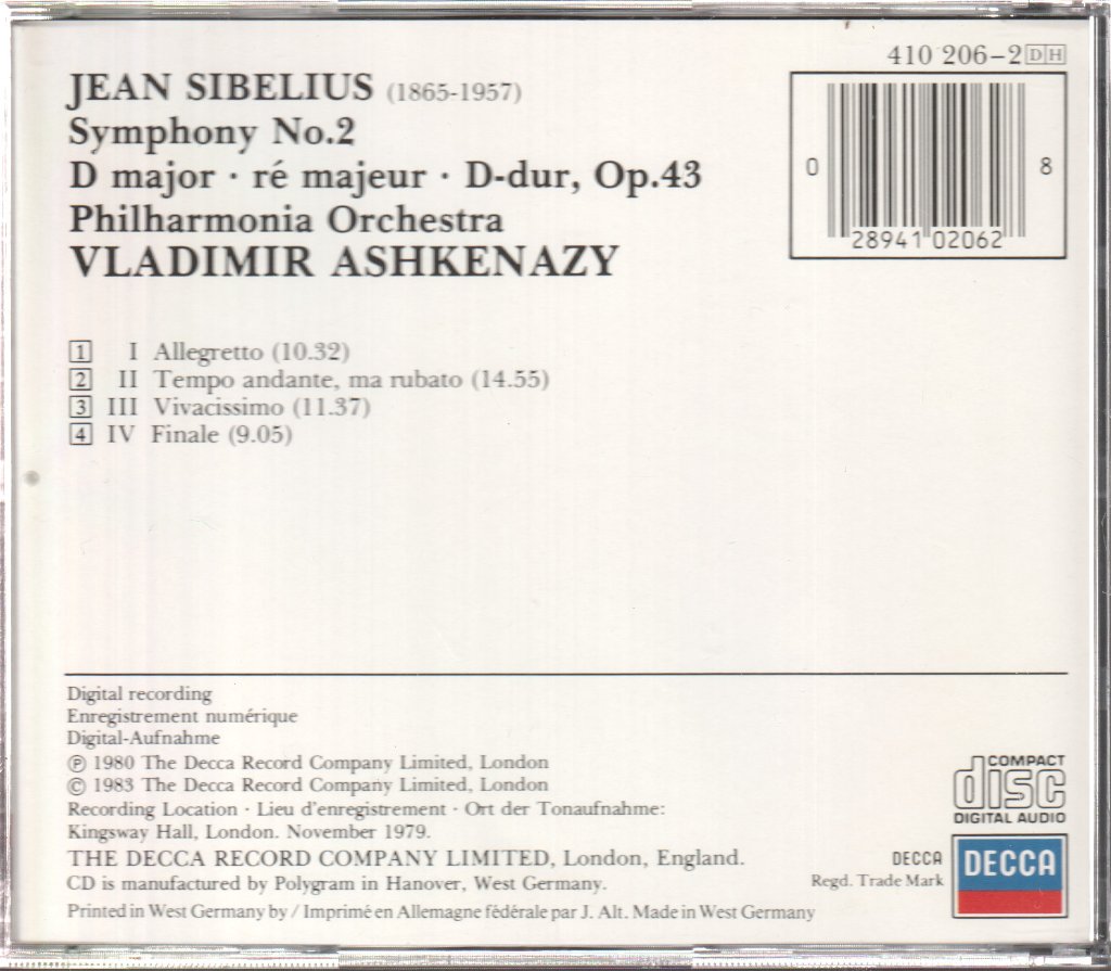 Vladimir Ashkenazy, Philharmonia Orchestra - Sibelius- Symphony No.2 In D Major, Op.43 - Cd