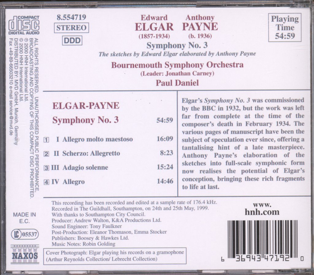 Bournemouth Symphony Orchestra, Paul Daniel - Elgar - Sketches For Symphony No. 3, Elaborated By Anthony Payne - Cd