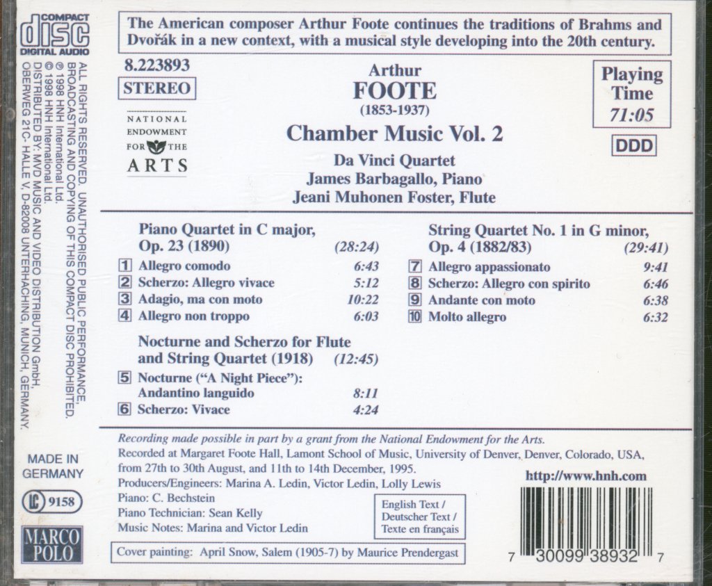 Da Vinci Quartet / James Barbagallo - Arthur Foote - Piano Quartet/ String Quartet No 1 - Cd