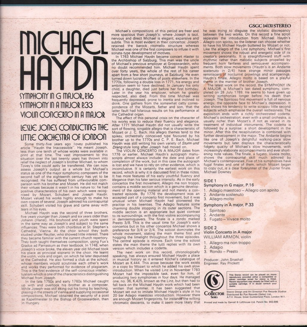 Leslie Jones / Little Orchestra Of London - Michael Haydn - Symphony In G Major P.16 / Symphony In A Major P.33 - Lp