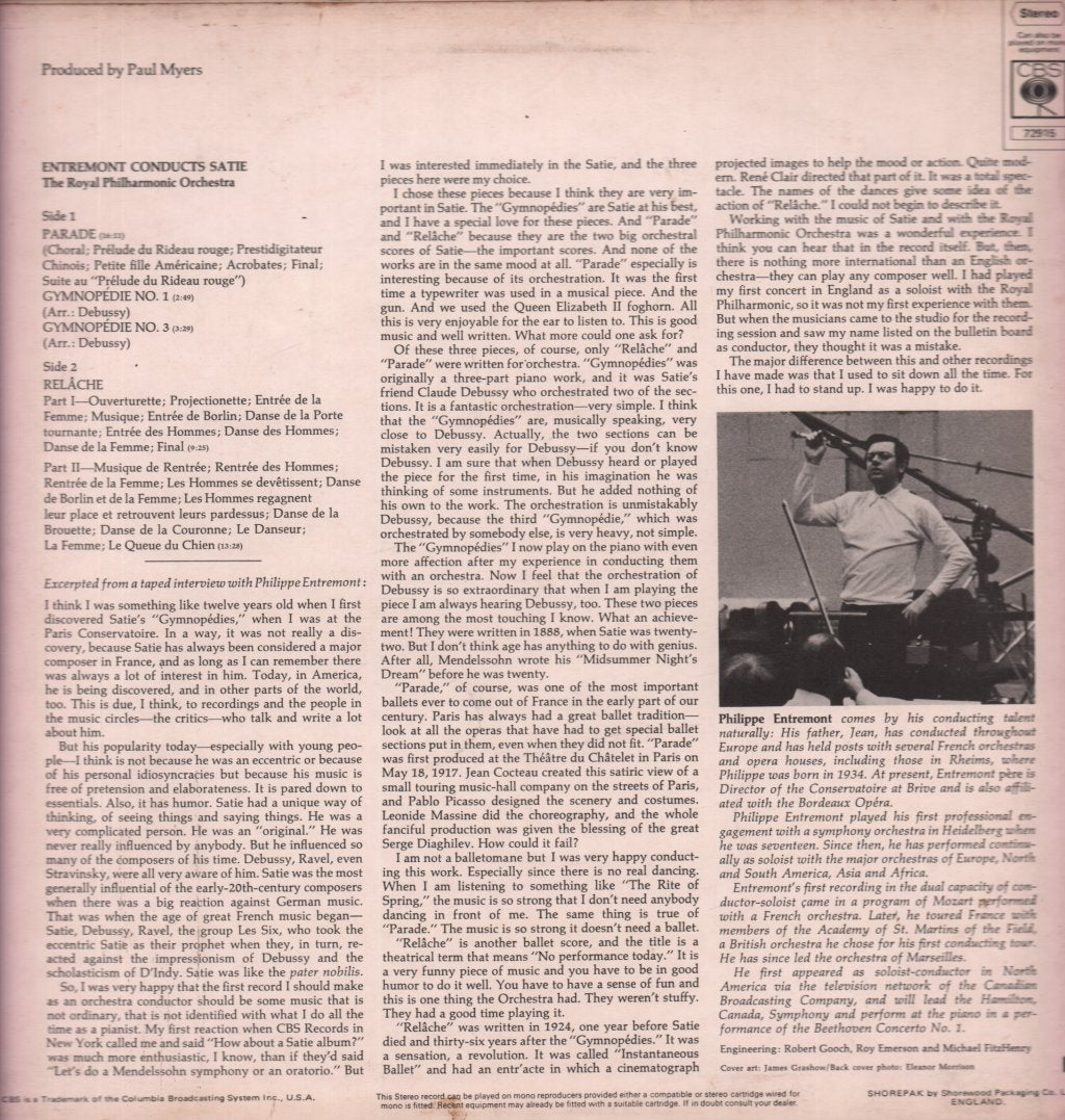 Royal Philharmonic Orchestra - Entremont Conducts Satie - Lp