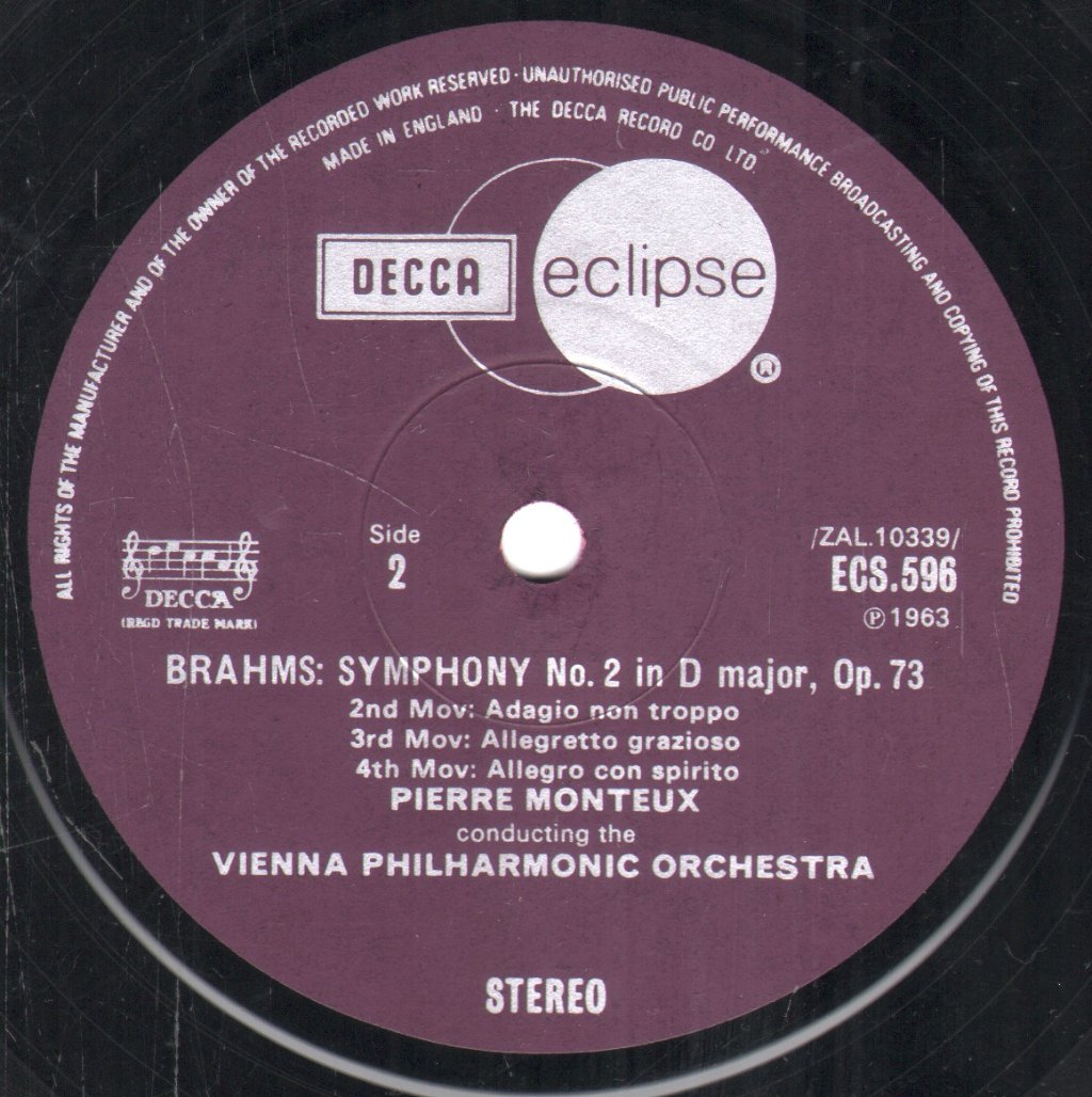 Pierre Monteux / Vienna Philharmonic Orchestra - Brahms - Symphony No. 2 In D, Op, 73 - Lp
