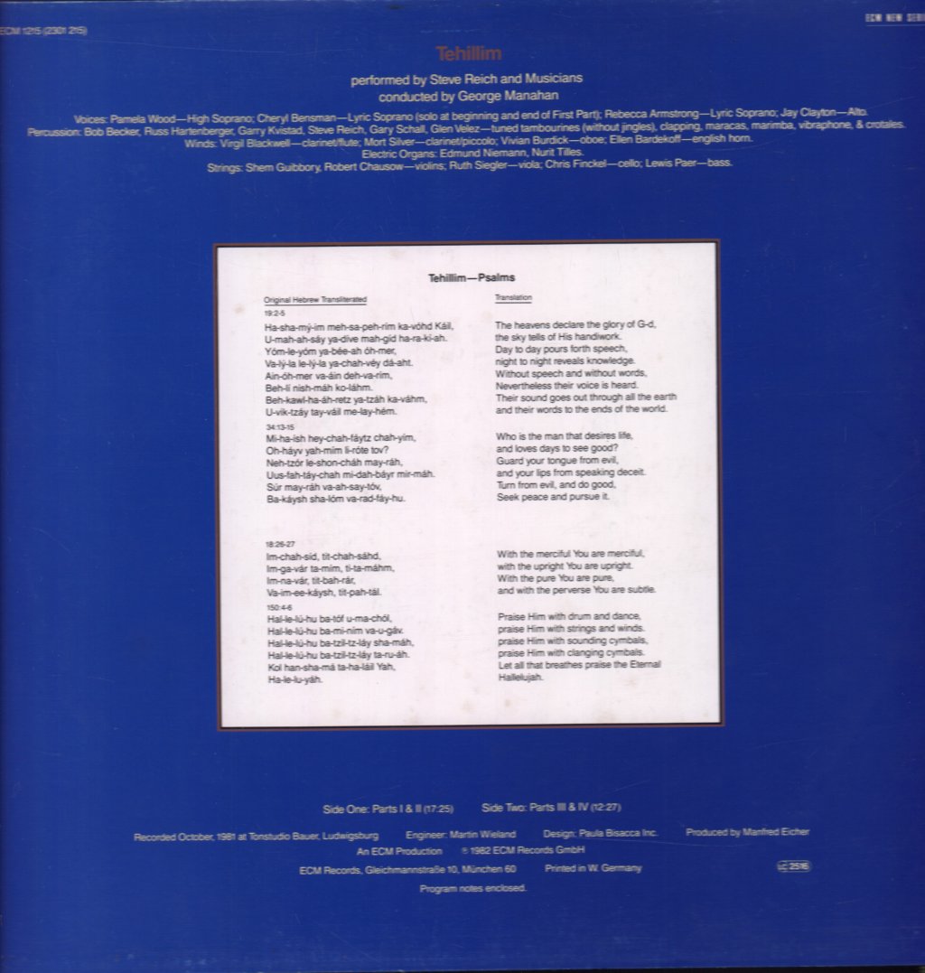 Steve Reich - Tehillim - Lp