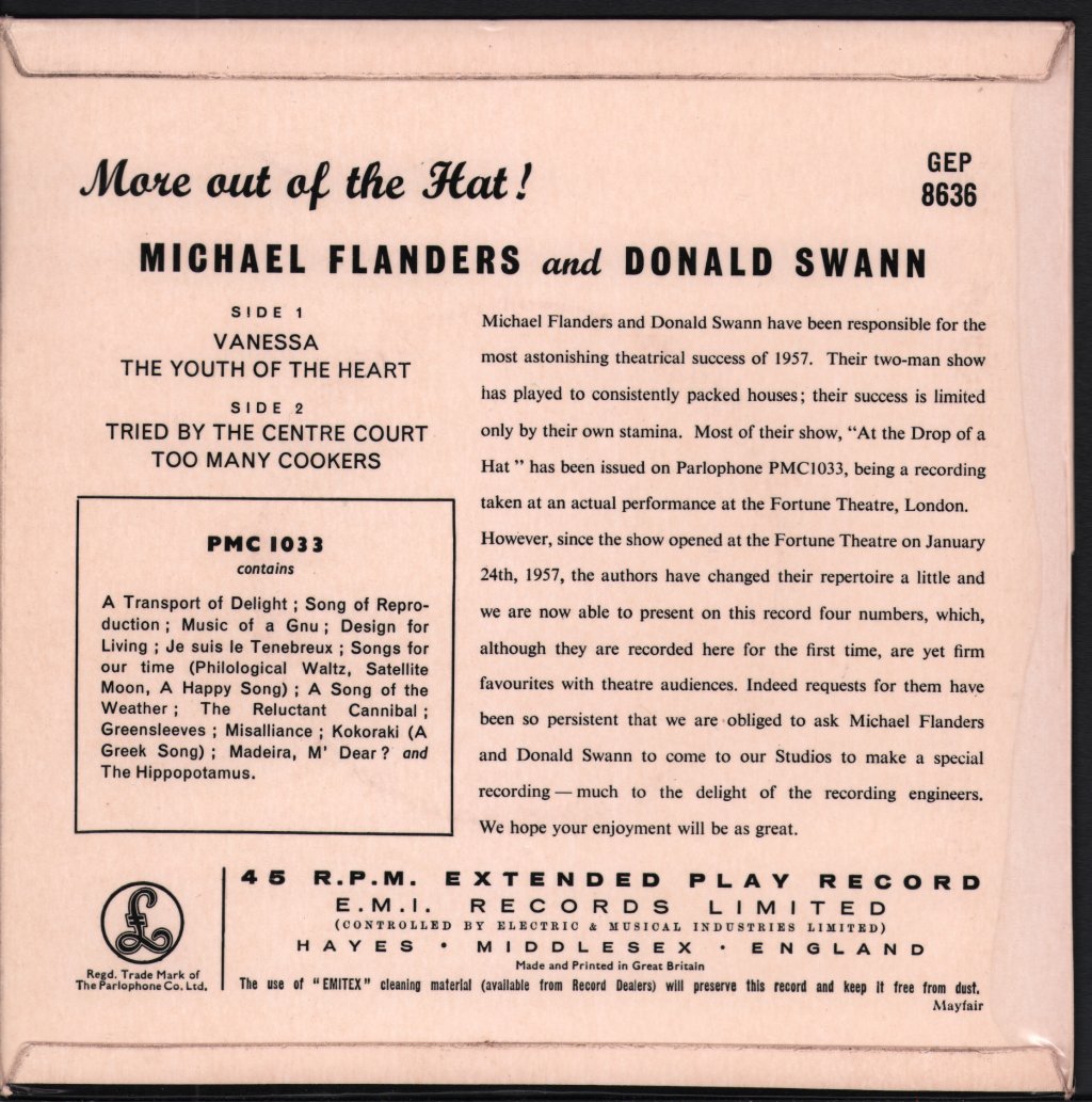 Michael Flanders And Donald Swann - More Out Of The Hat - 7 Inch