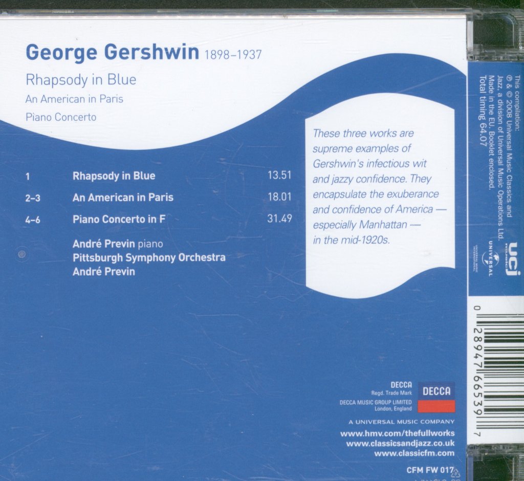 Andre Previn / Pittsburgh Symphony Orchestra - Gershwin - Rhapsody In Blue - Cd