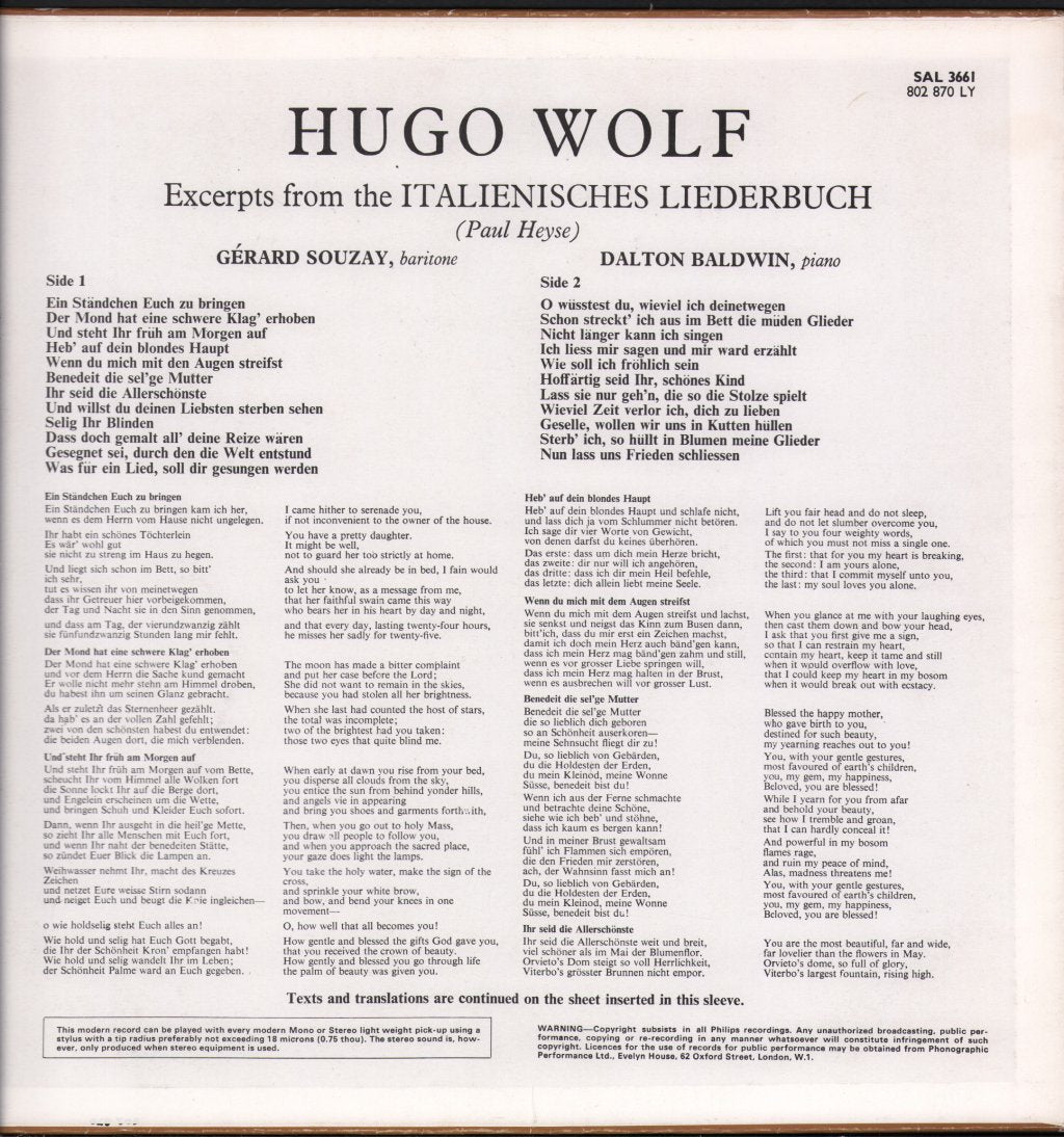 Gerard Souzay / Dalton Baldwin - Hugo Wolf - Excerpts from Italienischen Liederbuch - Lp