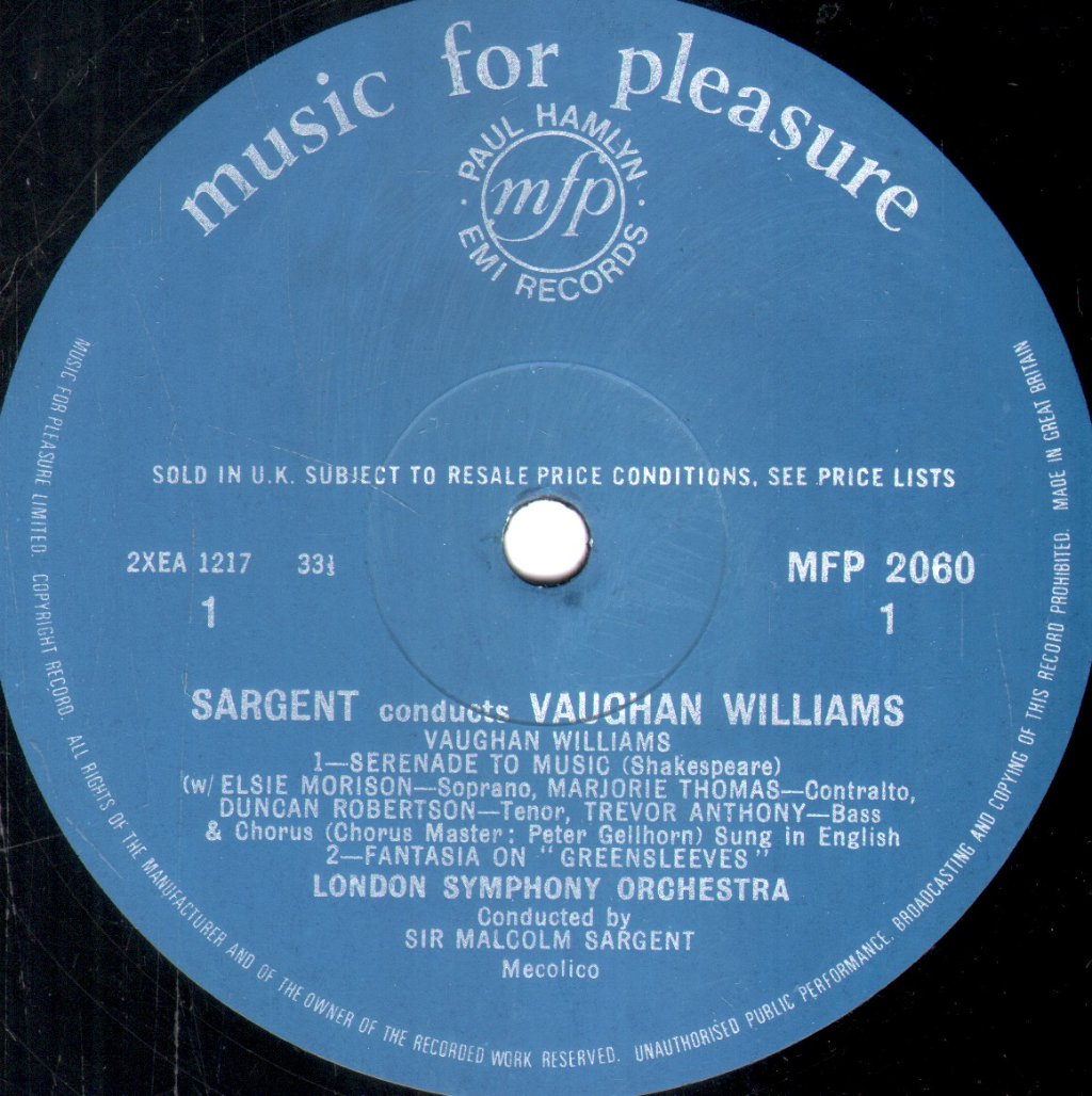 Sir Malcolm Sargent / London Symphony Orchestra - Sir Malcolm Sargent Conducts Vaughan Williams - Lp
