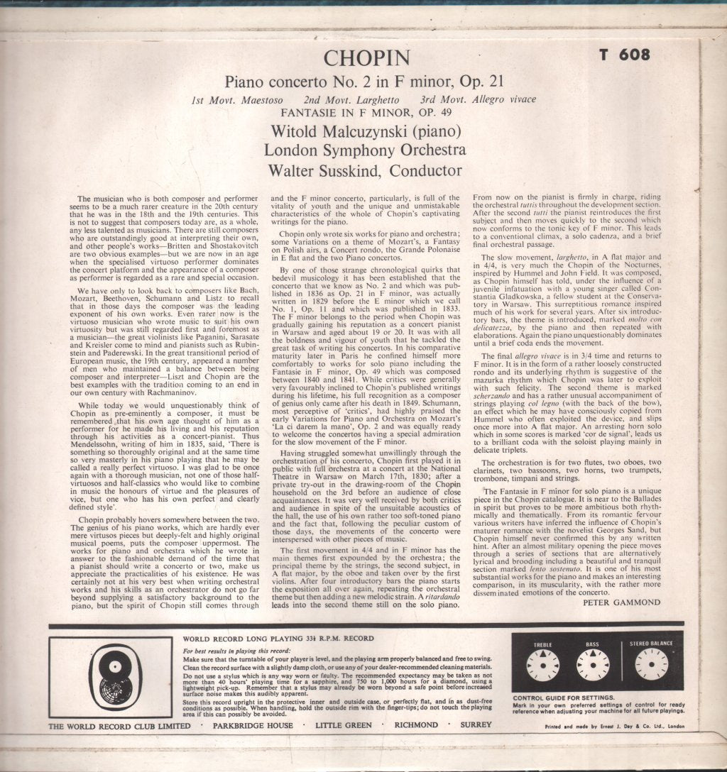 Malcuzynsky / London Symphony / Walter Susskind - Chopin - Piano Concerto No. 2 - Lp