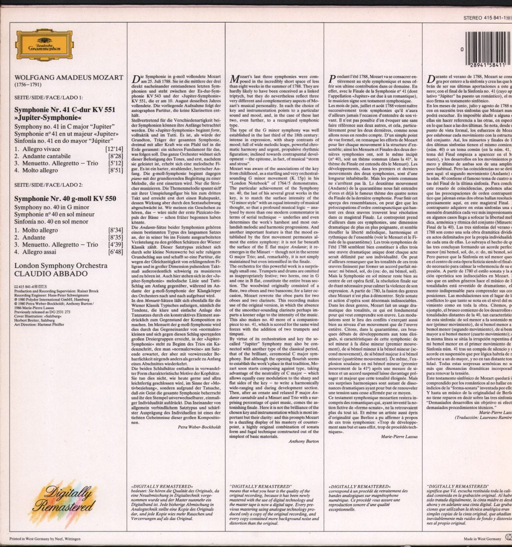 Claudio Abbado / London Symphony Orchestra - Wolfgang Amadeus Mozart - Symphony No. 40 / Symphony No. 41 - Lp