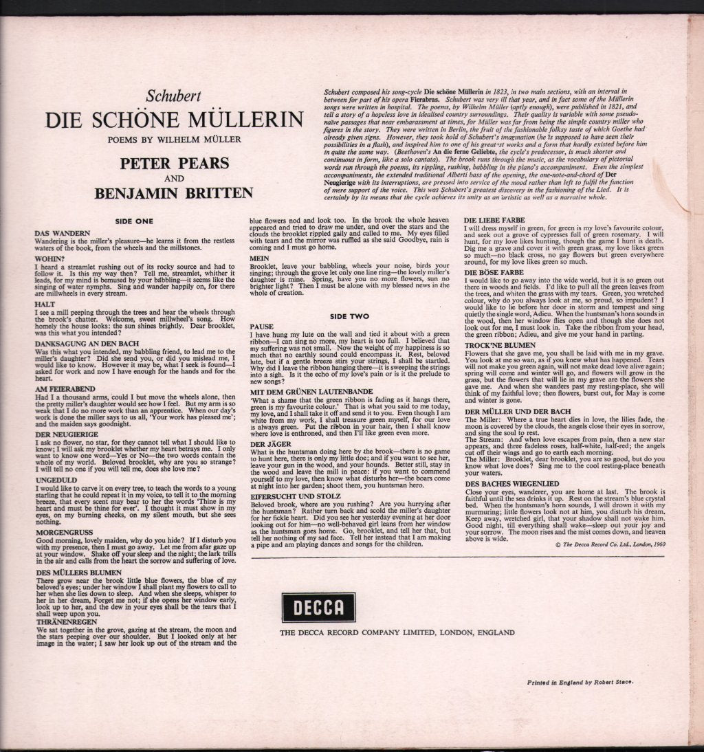 Peter Pears / Benjamin Britten - Schubert - Die Schöne Müllerin - Lp