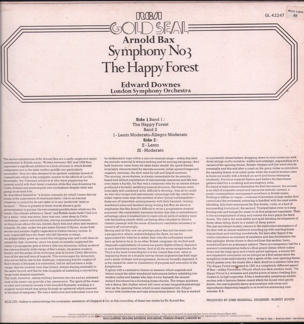 Edward Downes / London Symphony Orchestra - Arnold Bax - Symphony No.3 / Happy Forest - Lp