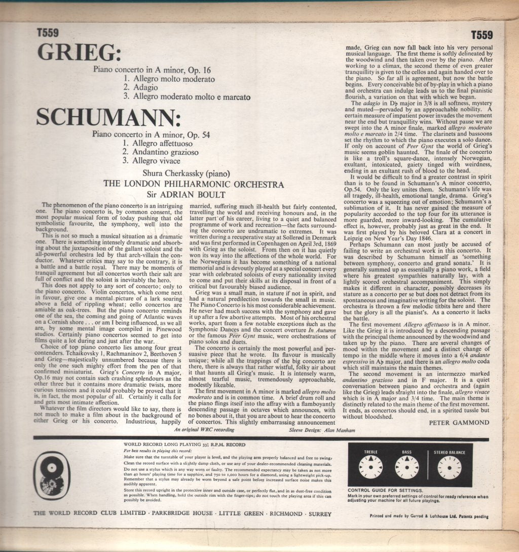Shura Cherkassky / London Philharmonic Orchestra / Sir Adrian Boult - Grieg And Schumann Piano Concertos - Lp