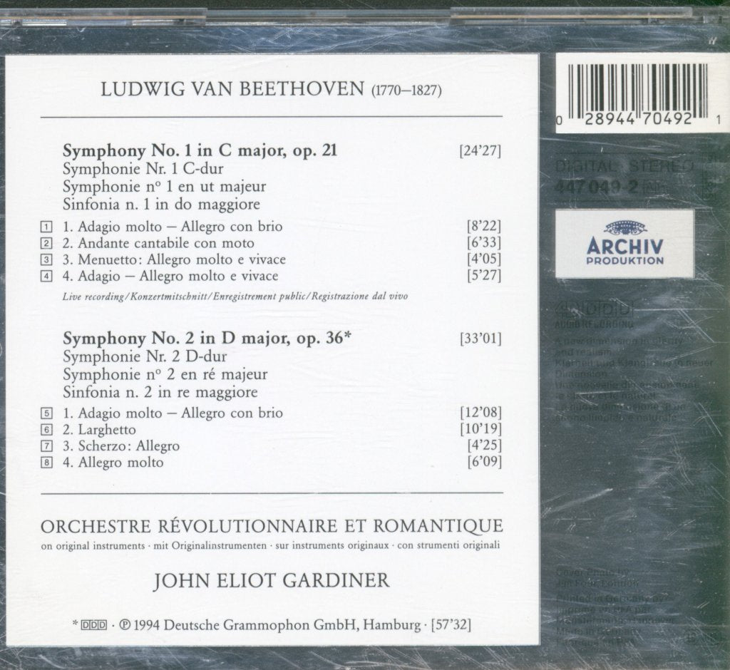 Orchestre Révolutionnaire Et Romantique, John Eliot Gardiner - Beethoven - Symphonies Nos. 1 & 2 - Cd