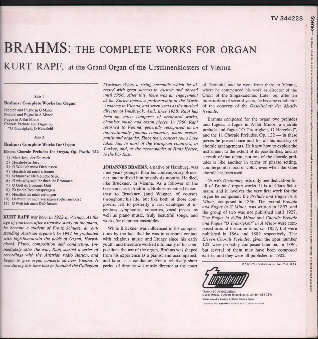 Kurt Rapf - Brahms - Complete Works For Organ - Lp