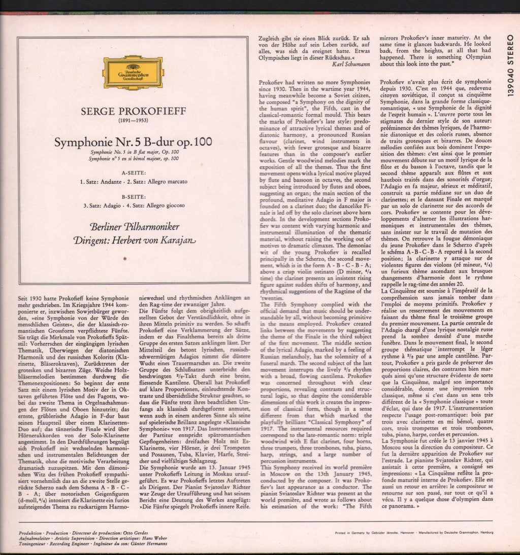 Herbert Von Karajan / Berliner Philharmoniker - Serge Prokofieff Symphonie Nr.5 - Lp
