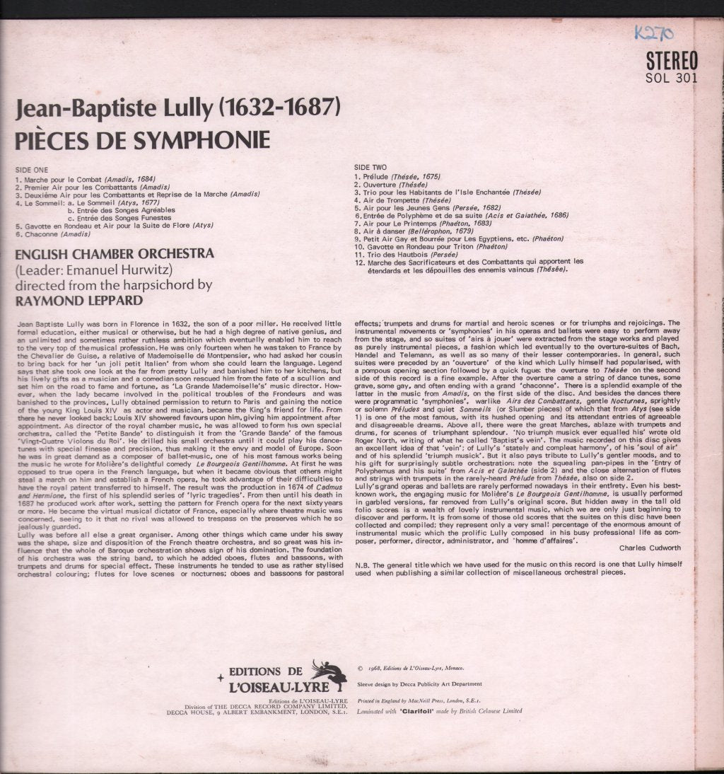 English Chamber Orchestra / Raymond Leppard - Lully - Pièces De Symphonie - Lp