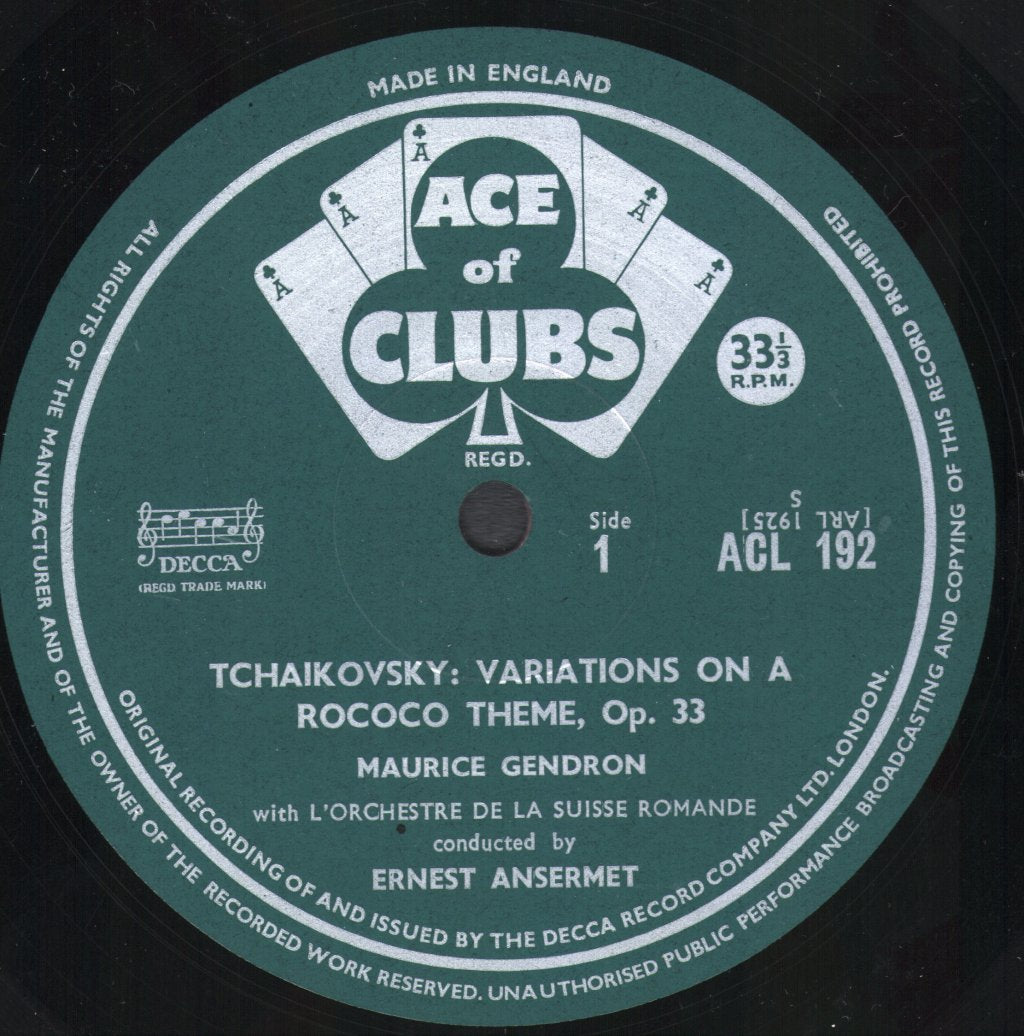 Maurice Gendron / Ernest Ansermet / Suisse Romande - Tchaikovsky - Rococo Variations / Schumann Cello - Lp