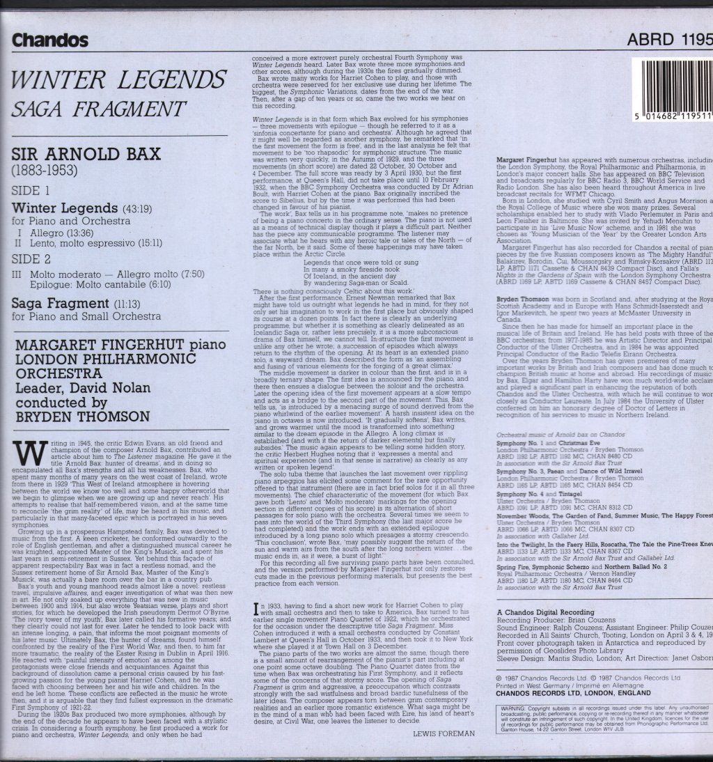 Margaret Fingerhut / London Philharmonic Orchestra / Bryden Thomson - Arnold Bax - Winter Legends / Saga Fragment - Lp