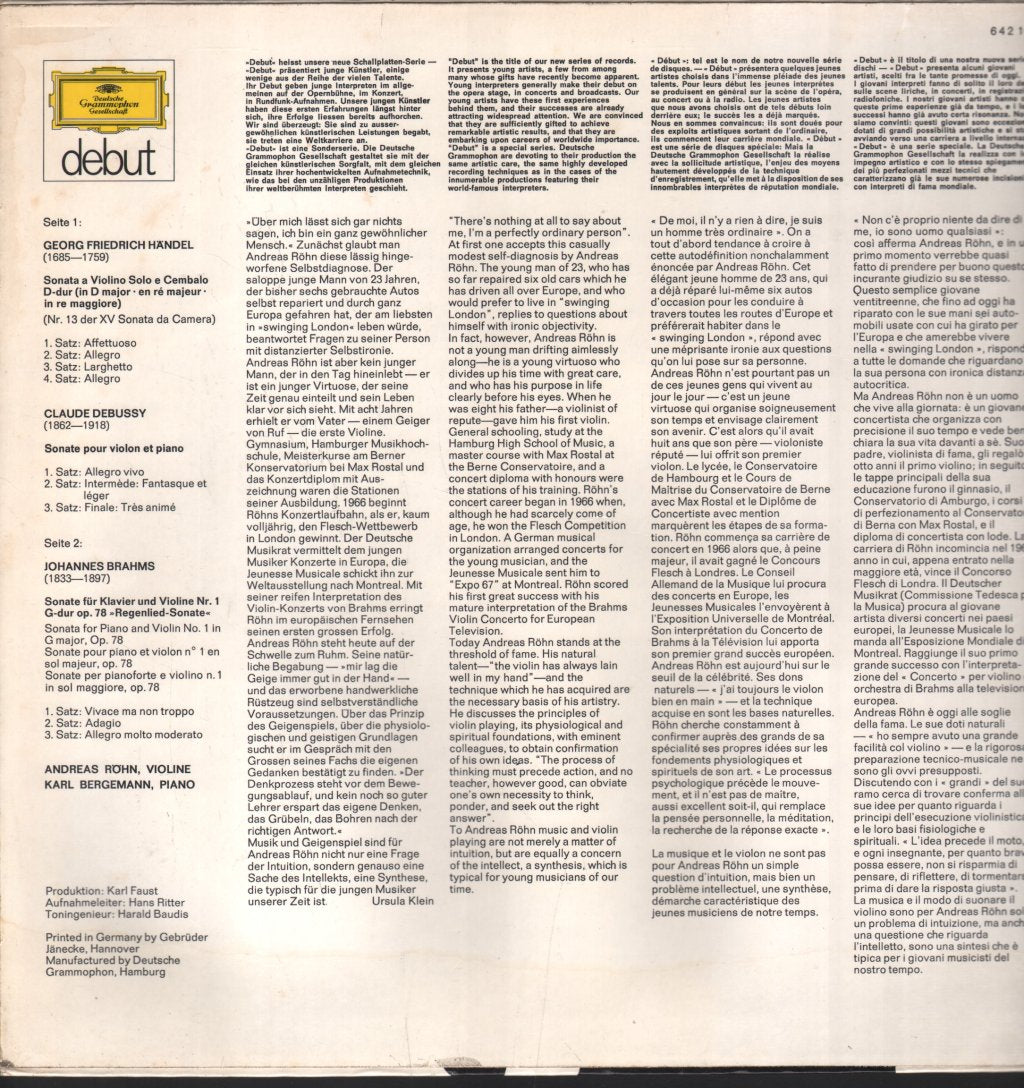 Andreas Rohn / Karl Bergemann - Handel Debussy Brahms - Lp